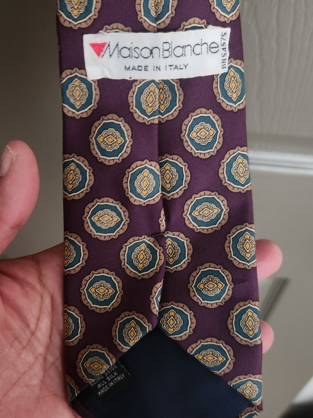 Saison Blanche Plum Silk Tie with Teal and Gold Medallions
